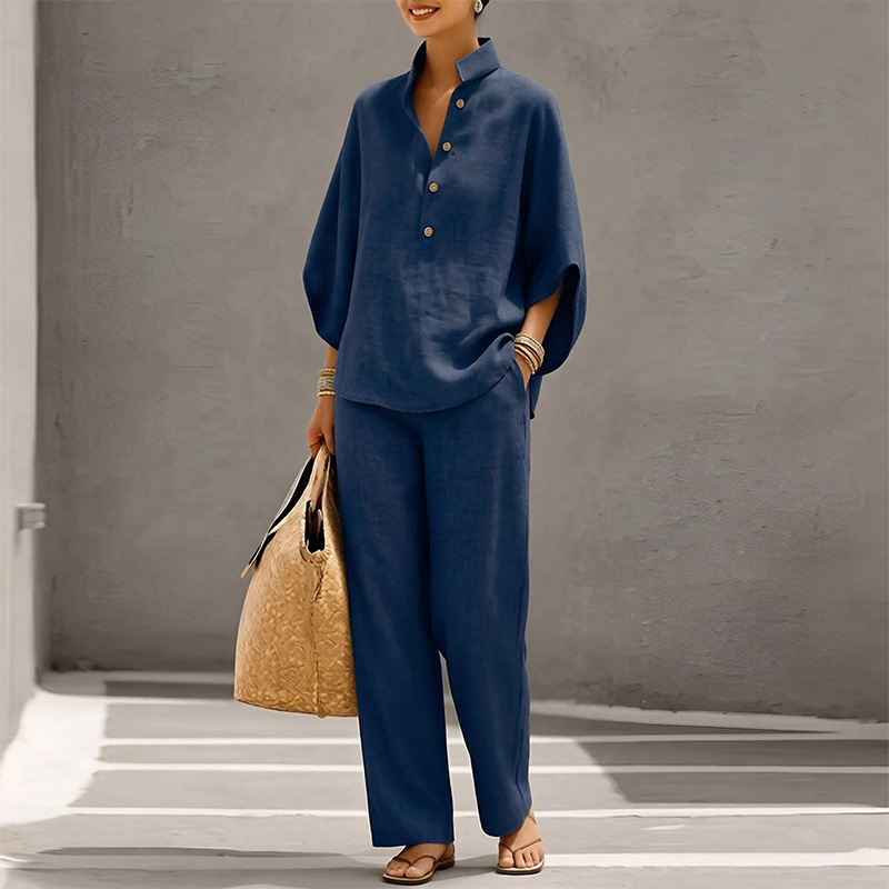 2026 Women's Spring New Fashion Amazon Cross-Border European and American Style Casual Solid Color Loose Top and Pants Set