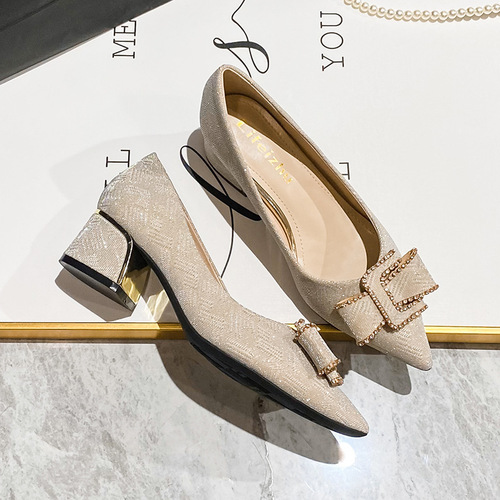  New Evening Shoes French Thick Heel High Heel Pointed Toe Women's Spring Medium Heel Plus Size Shoes 41-43