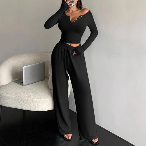 New spring and autumn short style slim v-neck buttoned long-sleeved T-shirt bottoming shirt wide-leg pants trousers suit Europe and America