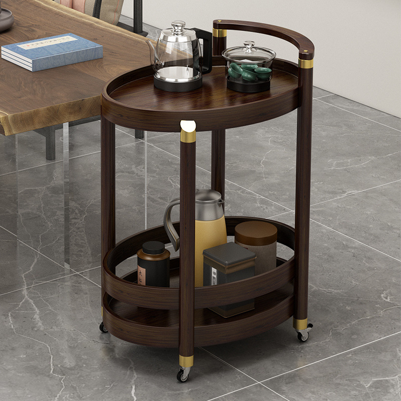 Mesa de té móvil, carrito móvil, mesa de té cuadrada ovalada redonda multicapa, varios lados de bambú, nuevo estilo chino