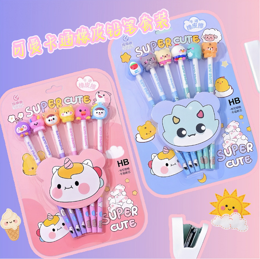 Nuevos productos de dibujos animados borrador lápiz conjunto HB pequeño animal forma de goma estudiantes pequeños regalos pencil para jardín de infantes