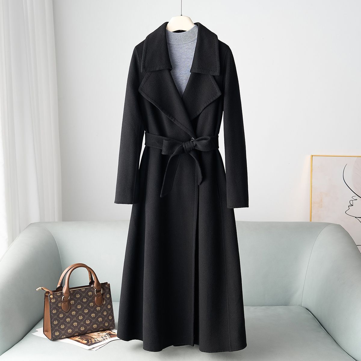 ​Women's Double-Faced Wool Coat With 30% Cashmere, Belted Trench Style, Elegant Long Coat For Autumn Winter, Pure Color, Office & Casual Wear​_voghion.com