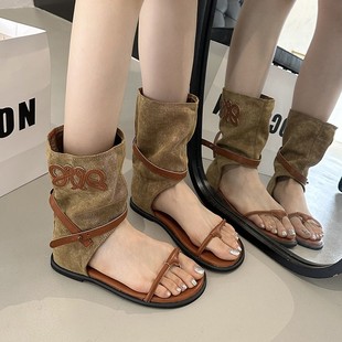 2025 New Summer Style Genuine Leather Roman Sandals, Flats Bottom, Versatile Back Zipper, Open Toe Casual Women's Boots with Inner Heightening Flip-Flops