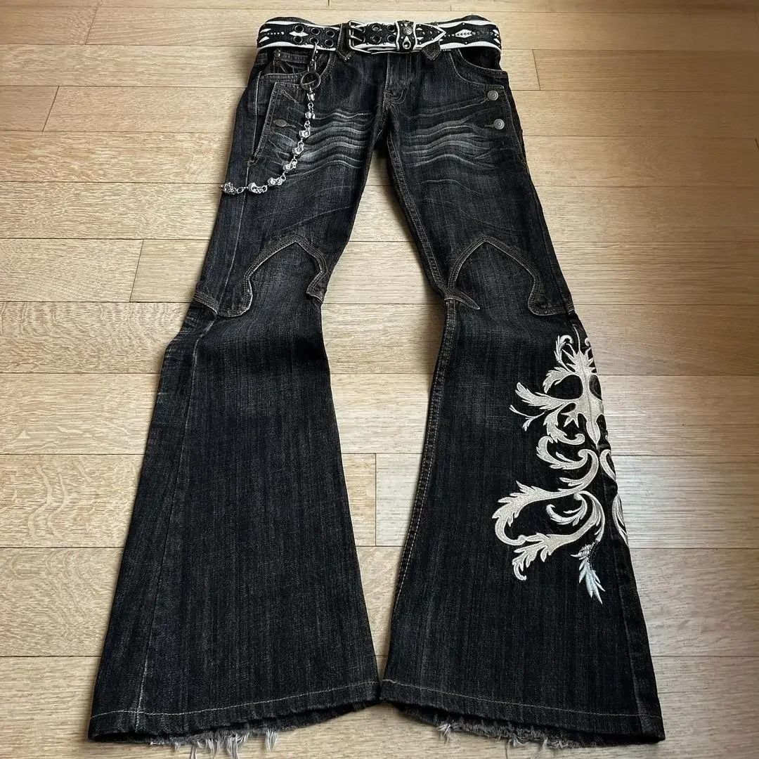 European and American Cross-Border Heavy Embroidery Jeans for Women, Subculture Punk Flared Pants, Y2K Washed Long Pants, Dark Style Trendy