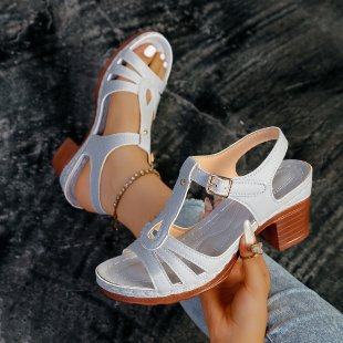 Cross-Border Large Size Sandals for Women 2025 Summer New Solid Color European and American Fish Mouth Thick Heel Buckle Strap High Heel Sandals