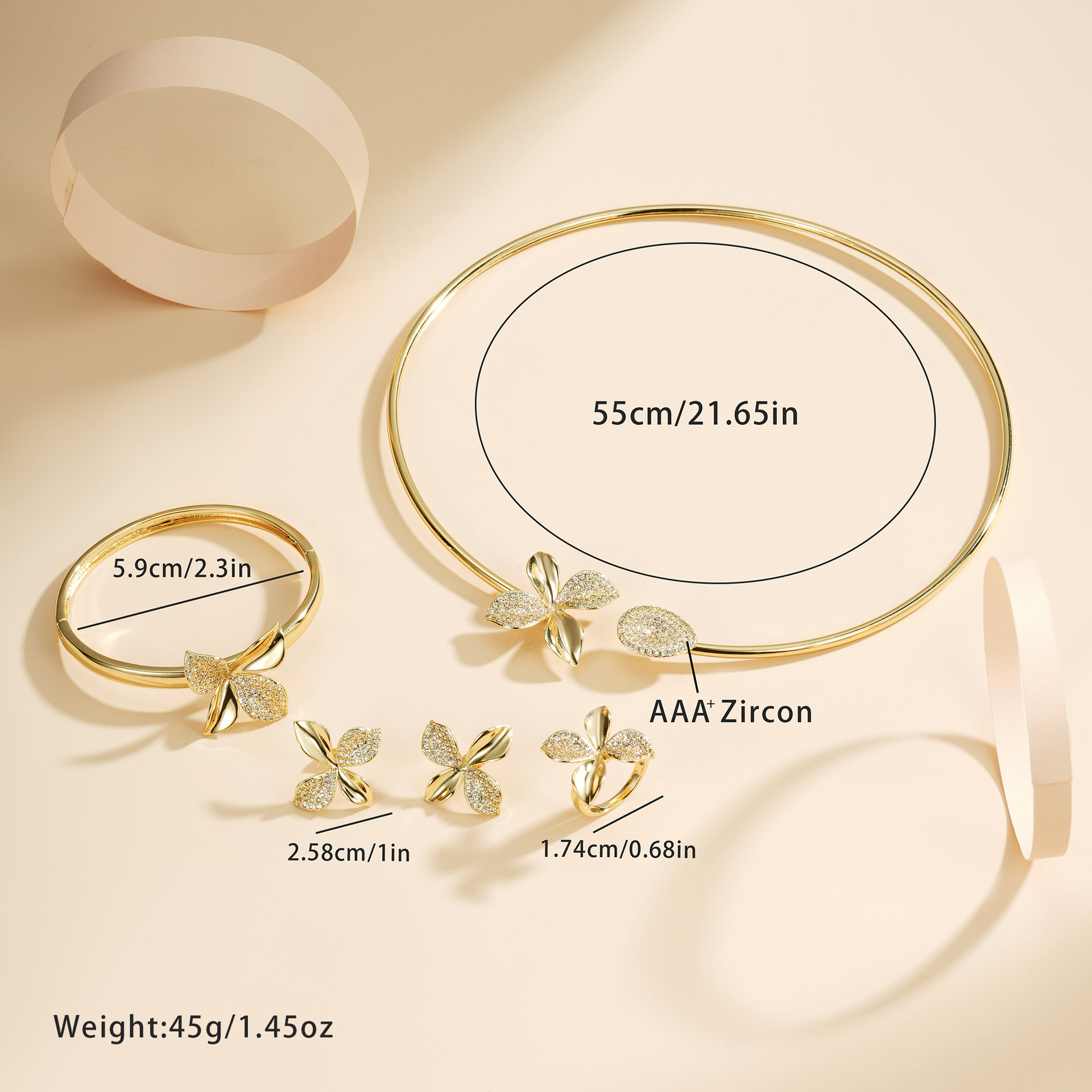 Explosiones transfronterizas ligeras de lujo Seiko textura alta de cuatro hojas flores abiertas collar pulsera anillo pernos set de cuatro piezas
