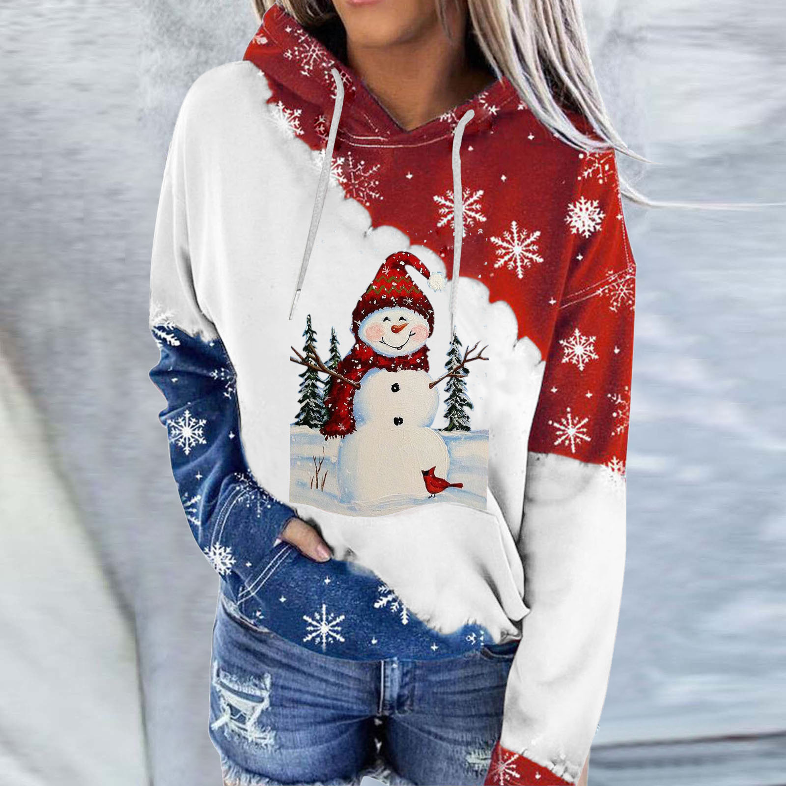 Ladies Christmas Snowman Print Round Neck Hoodie Long Sleeve Sweatshirt