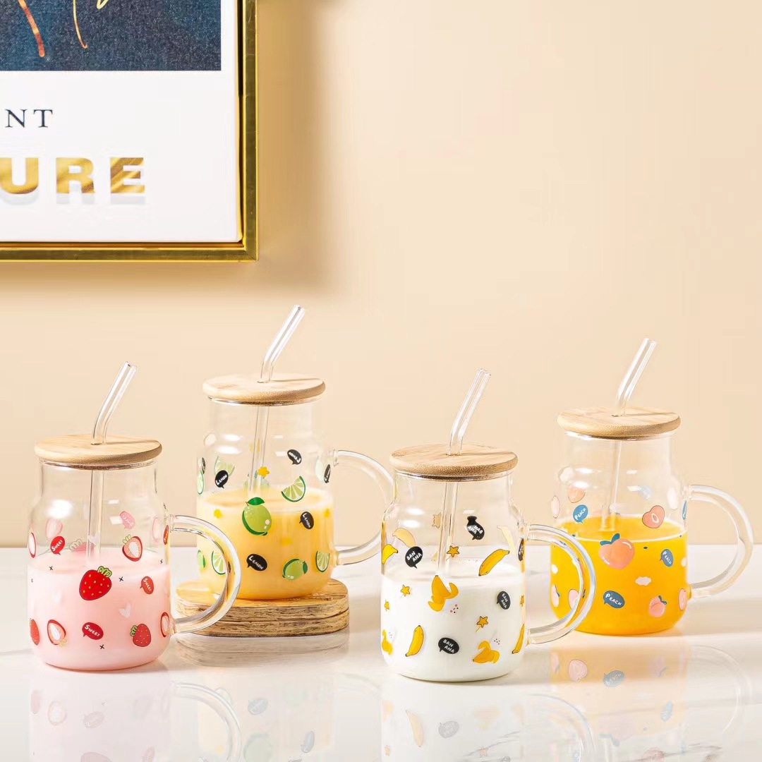 Fruta de verano de paja de vidrio taza de jugo de leche taza de té regalo personalizado taza de beber hogar estilo japonés taza de limón