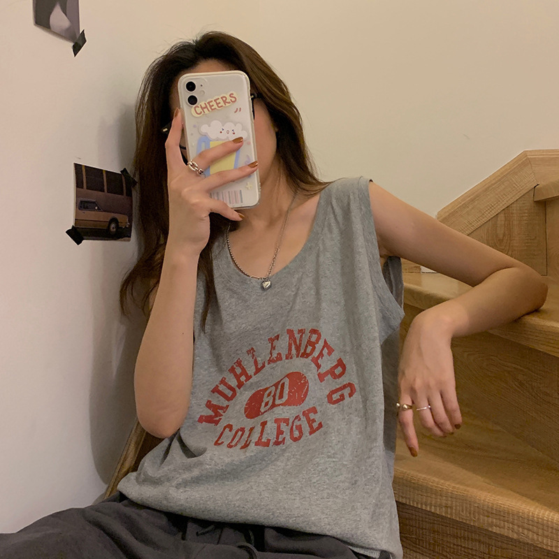 Printed Grey Sleeveless T-Shirt Women's Summer 2023 New Loose All-match Casual Sports Vest Top Ins Trendy