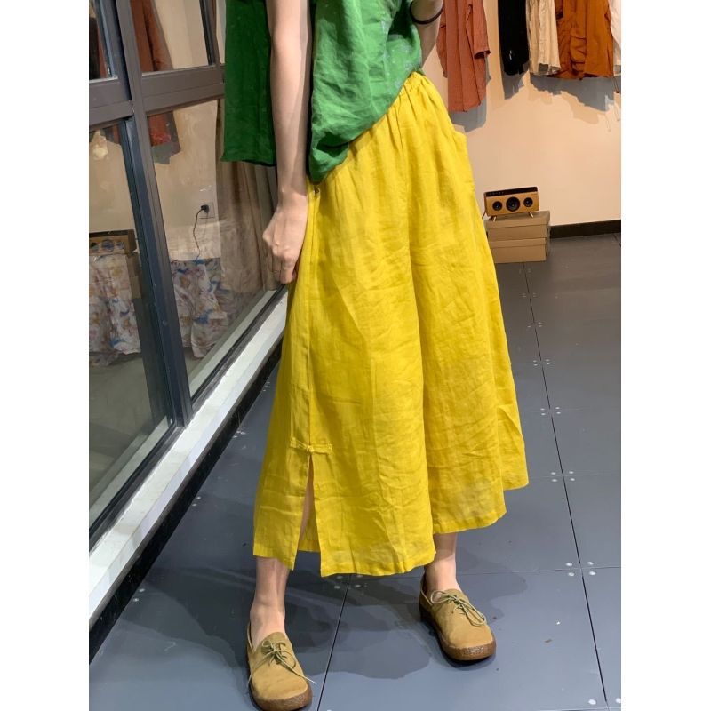 New Chinese-style Tea Suit Yoga Wide Leg Pants Comfortable Casual Ramie Cropped Pants with Buckle and Split Waist Women's Pants