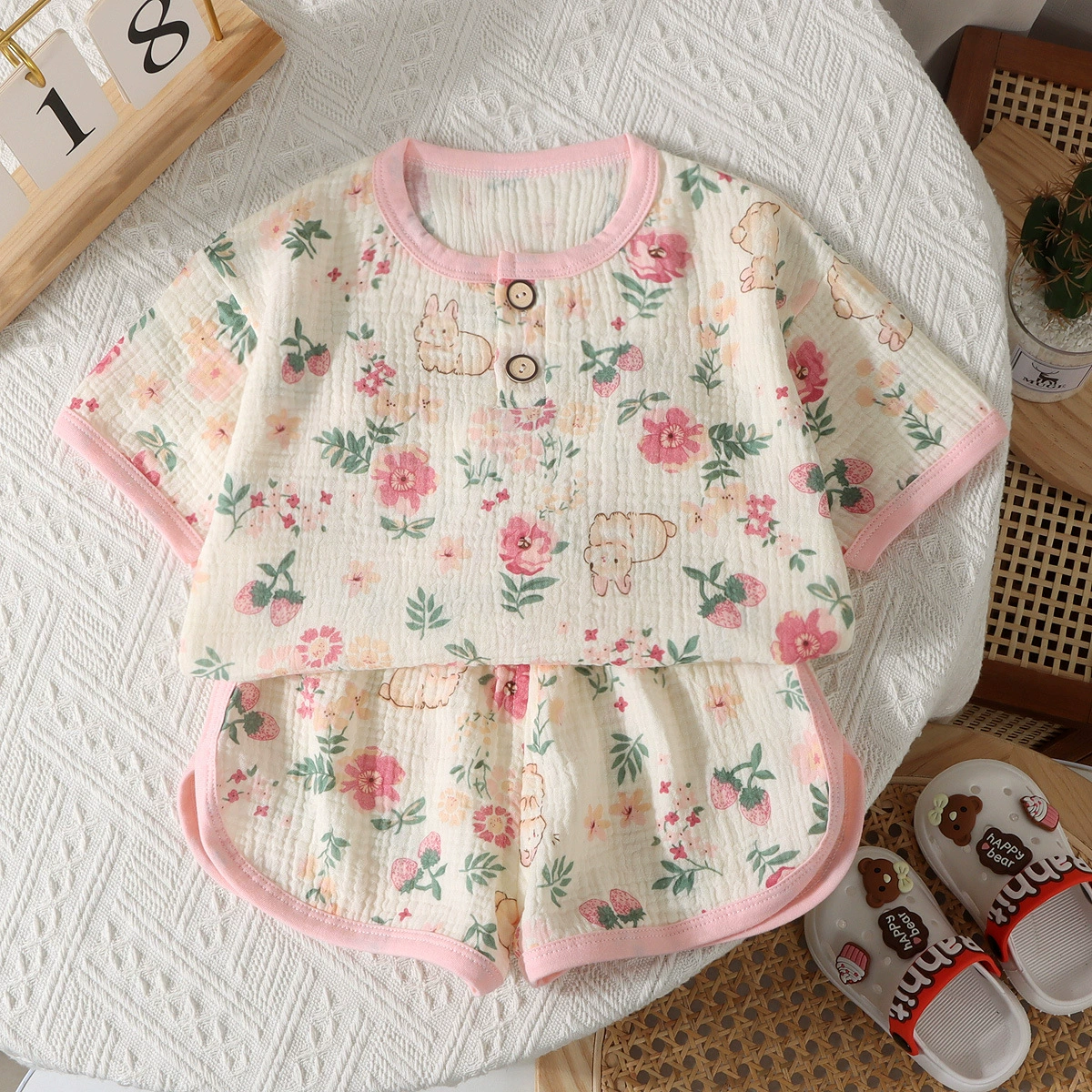 Новые детские двухслойные марлевые шорты с короткими рукавами пижамы летом для мужчин и женщин