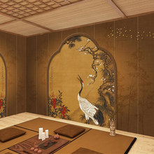 古风中式仙鹤壁纸仿古典茶室客厅背景墙壁画汉服自拍馆直播间墙纸