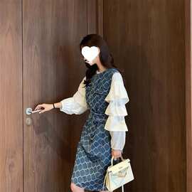 小香风套装女时尚名媛气牛仔连衣裙女春秋两件套收腰显瘦中长款裙