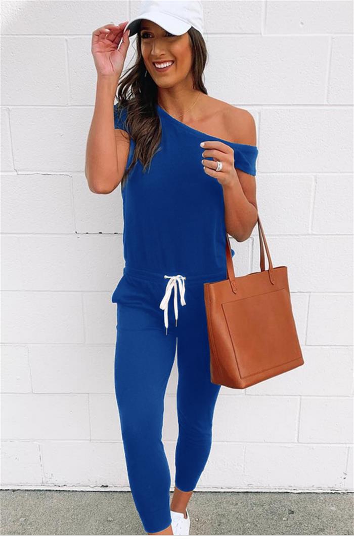 Women's Off-shoulder Jumpsuit With Pockets And Lace-up Details_voghion.com
