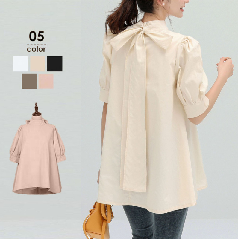 5 Colors in Stock 2025 Japanese Style Summer Pullover Shirt Women's Loose Back Tie Bow Baby Doll Top