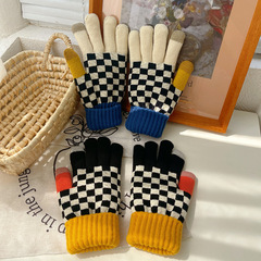 Korean Style Checkered Adult Knit Warm Gloves Winter Unisex Couples Large Double Layer Thick Fleece