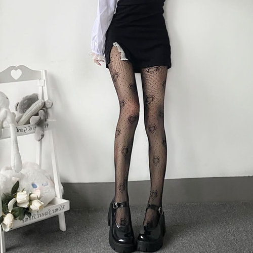 Dark personality love pattern fishnet stockings Japanese jk hot girl black stockings European and American Internet celebrity sexy slim pantyhose thin