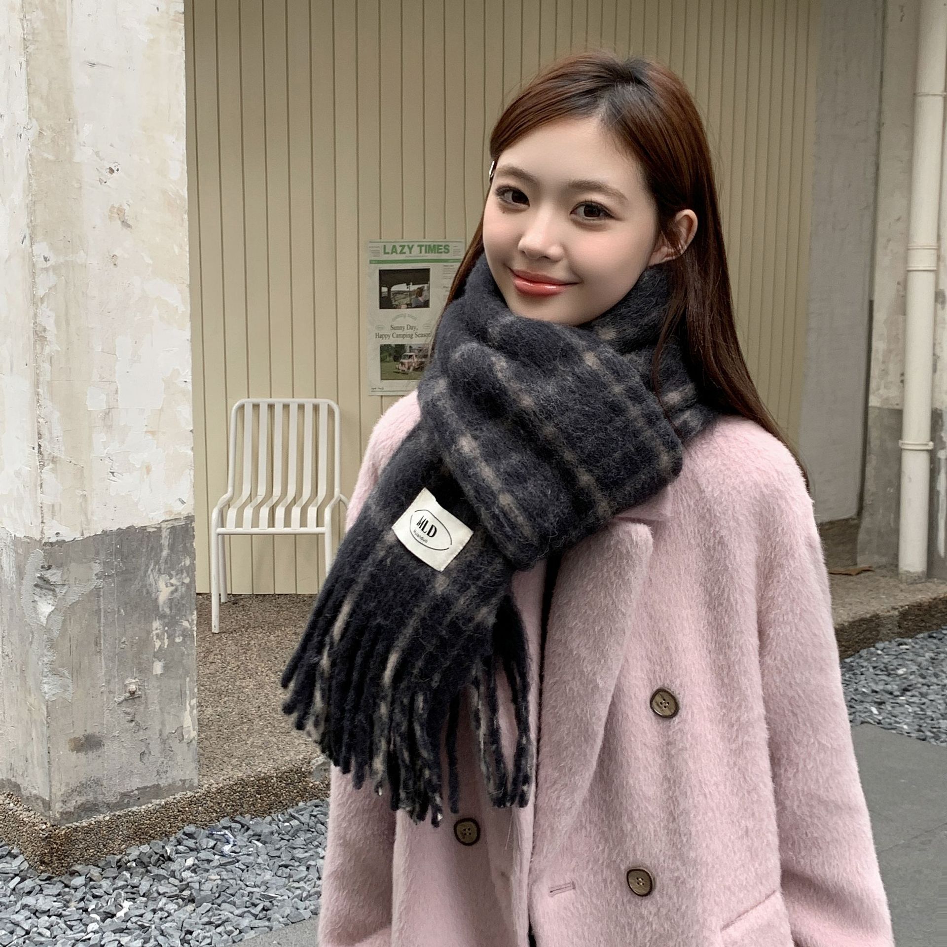 2024 invierno mohair calentamiento bufandas de cuello a cuadrícula multifacé coreano lana a cuadrícula fina mezcla llisa chal