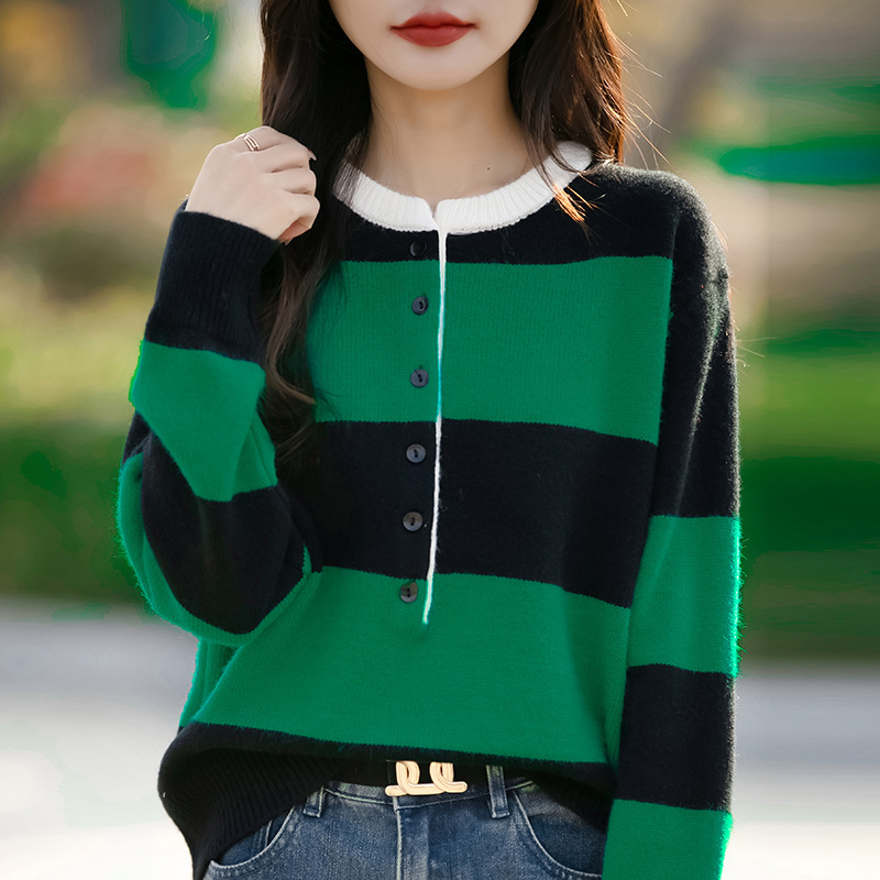 Cross-Border Dropshipping of New Striped Half-Button Long-Sleeve Knit Tops, Casual Round-Neck Andy Velvet Base Sweater