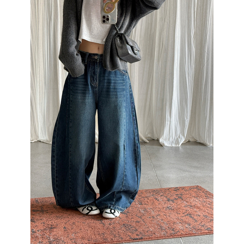 [Wang Qizhi] Korean-style loose wide-leg balloon jeans for women, new autumn/winter collection, versatile straight-leg long pants WQ436
