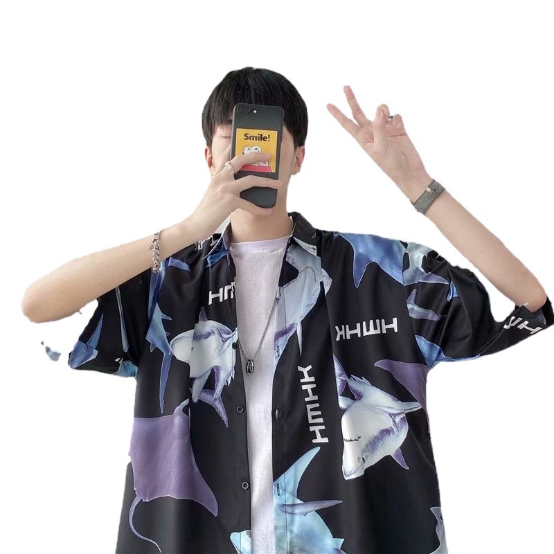 Camisa de manga corta de verano de los hombres perezoso estilo ruffle guapo ins estilo de Hong Kong marca de moda delgada capa media manga camisa 1239