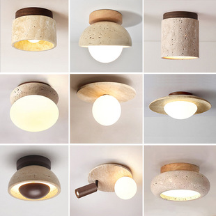 Yellow Cave Stone Light Round Wooden Cream Retro Middle Ancient Style Ceiling Light Entrance Balcony Corridor Light
