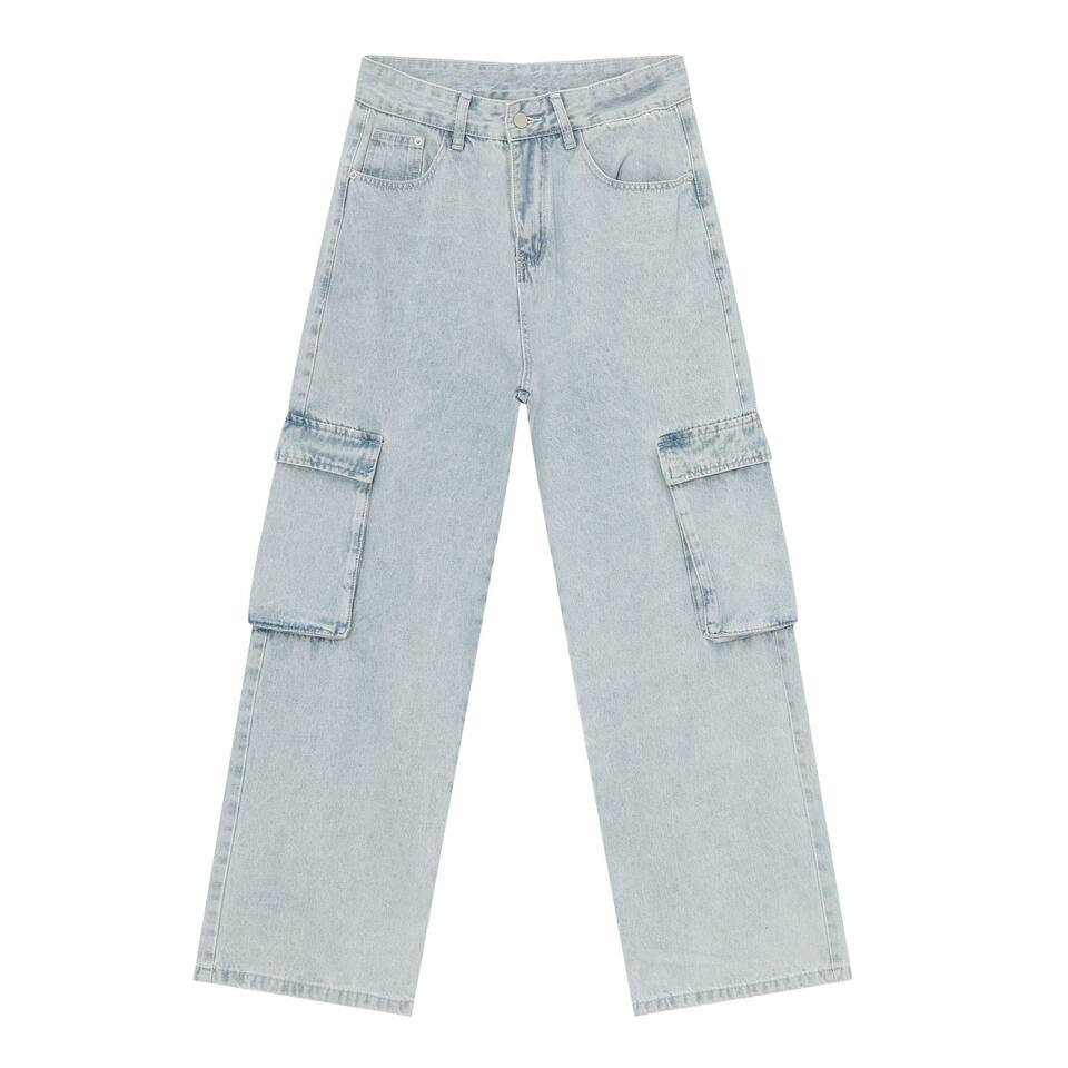 Quần jean nam ống rộng ống đứng dáng suông, vải denim giặt cổ điển, nhiều túi — Màu xanh lam