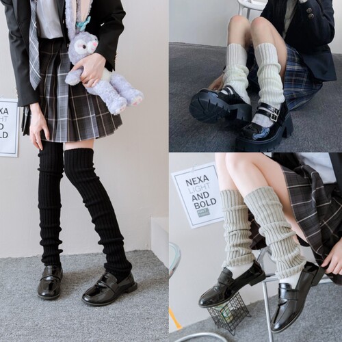 Autumn and winter women's solid color knitted pile socks woolen leg boots boot covers Japanese trendy over-the-knee college style JK calf socks