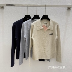 深圳南油高定女装M家25早秋新款纯色翻领时尚休闲羊毛针织衫长袖