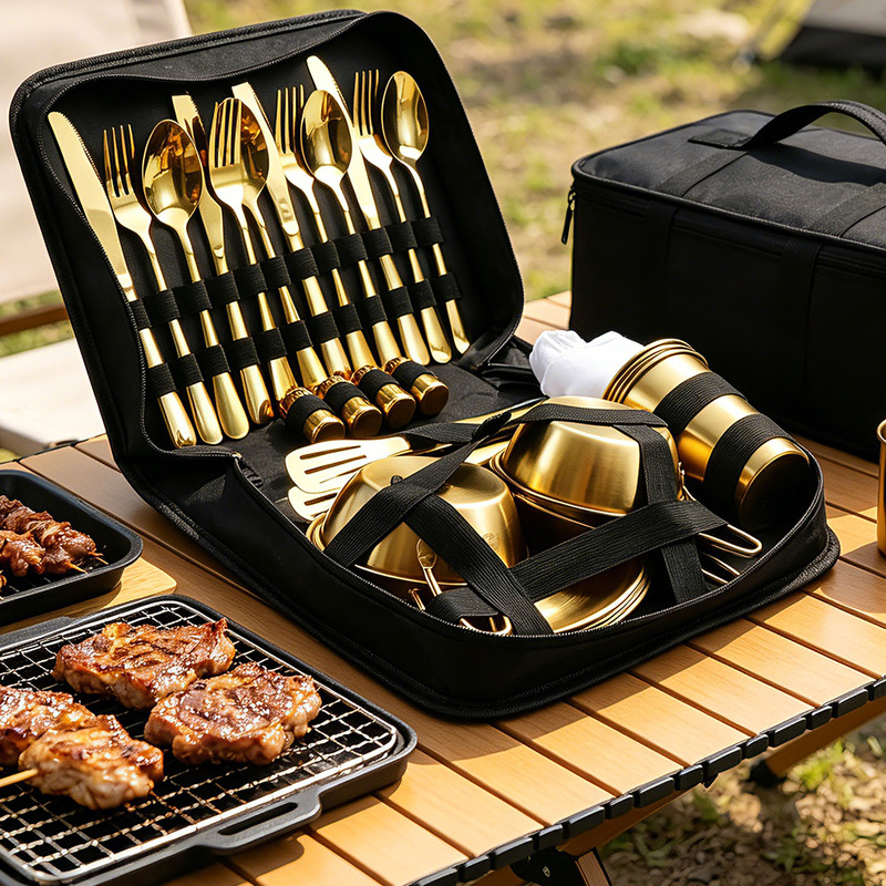 Cross-border four-person stainless steel cutlery set, outdoor picnic steak knife, fork, spoon, cup, bowl cutlery set, customizable