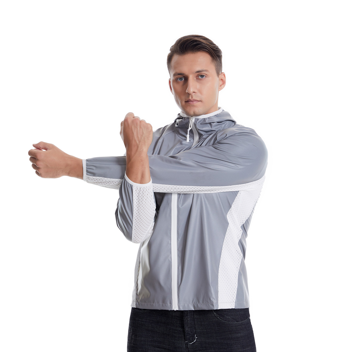 Abbigliamento da uomo, giacca riflettente colorata, sport all'aria aperta, con giunture in rete, giacca con cappuccio traspirante_voghion.com