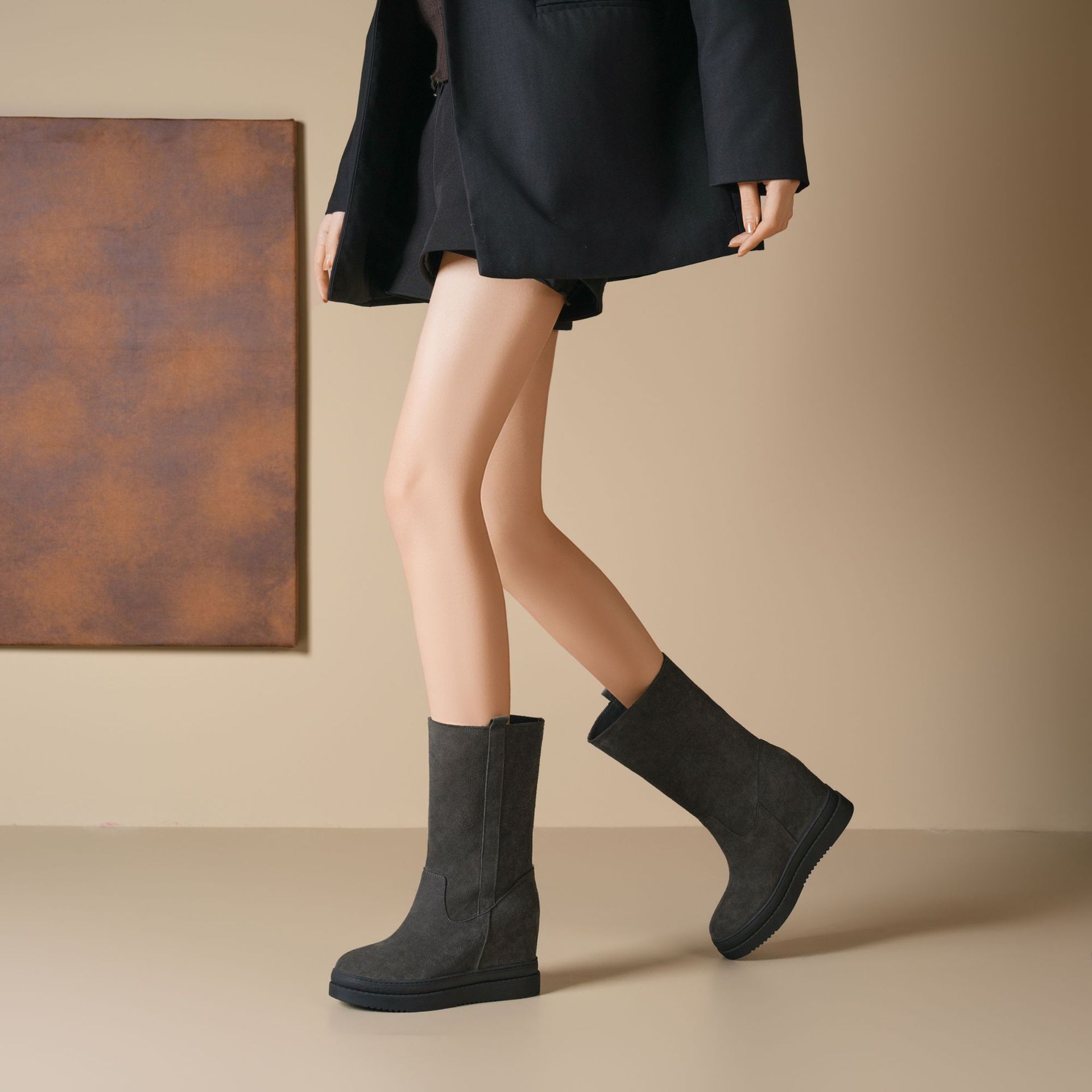 Boot nữ cổ thấp tăng chiều cao đế xuồng phong cách Hàn Quốc — Màu xám với fleece