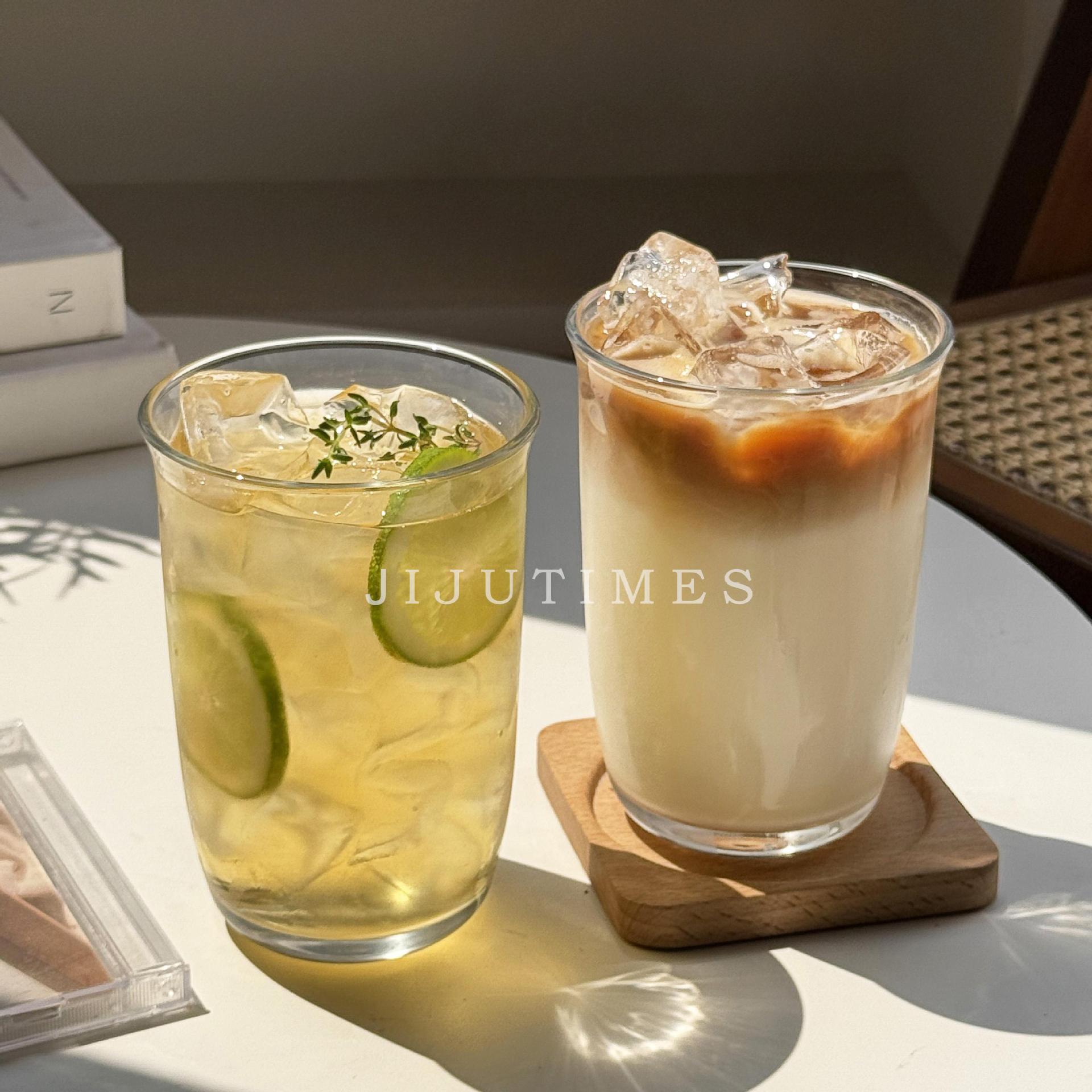 Ins Glass Juice Cup Iced American Coffee Cup Sparkling Water Milk Tea Drink Cup Creative Thickeneded Transparent Water Cup