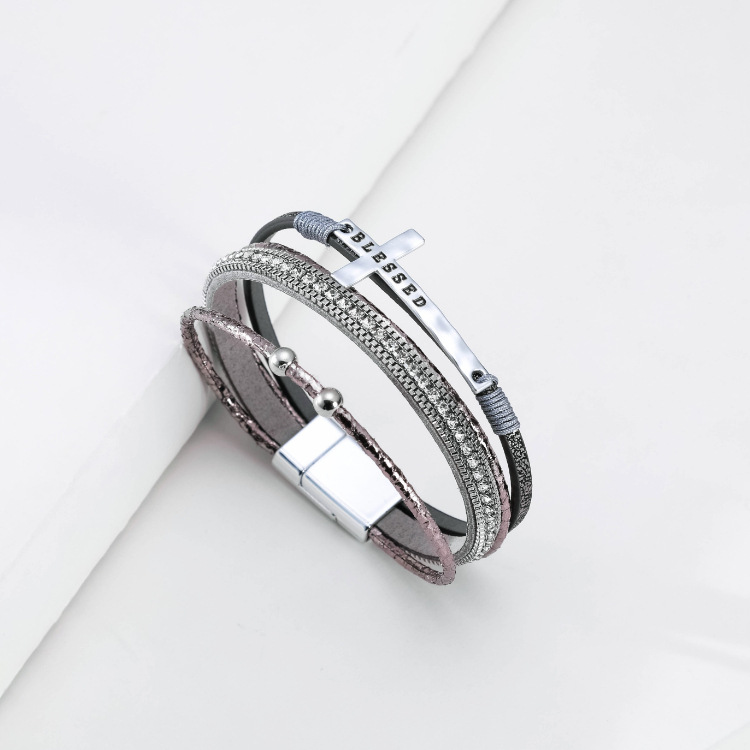 Mode Kreuz Feines Diamant Leder Magnetschnalle Mehrfarbiges Armband display picture 10