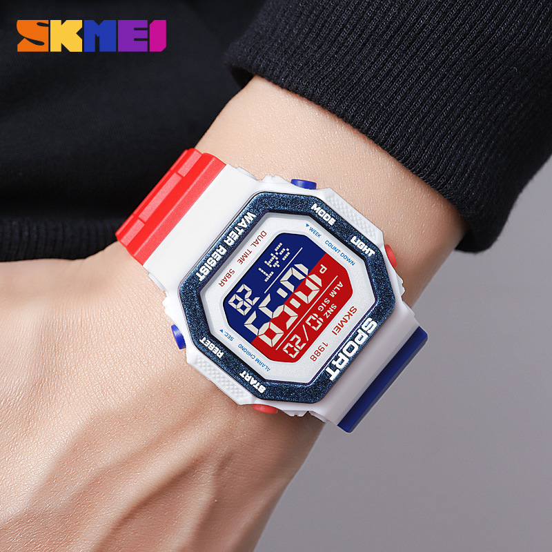Reloj deportivo Skmei para hombre Reloj electrónico impermeable multifuncional de personalidad cuadrada Reloj electrónico de estudiante para hombre