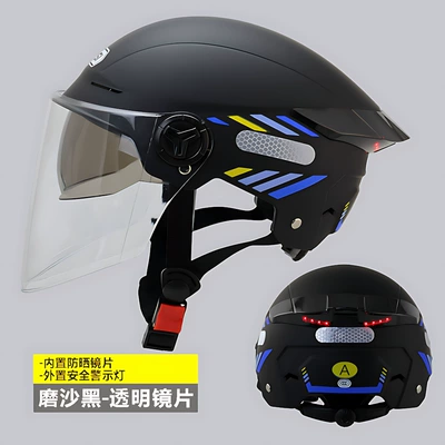 3C Certified Electric Vehicle Dual-Lens Helmet Half Helmet Summer Sun Protection Electric Motorcycle Safety Helmet Riding Tail Light Protection (Motosiklet kaskı (dəbilqə)) - matt-black-with-tail-fin-warning-light