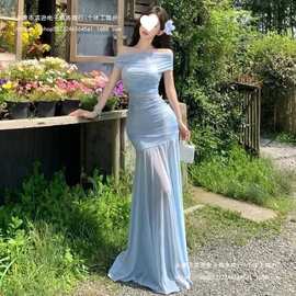 【两件套 原版面料】唯美蓝色扎染一字领网纱罩衫叠穿修身鱼尾长