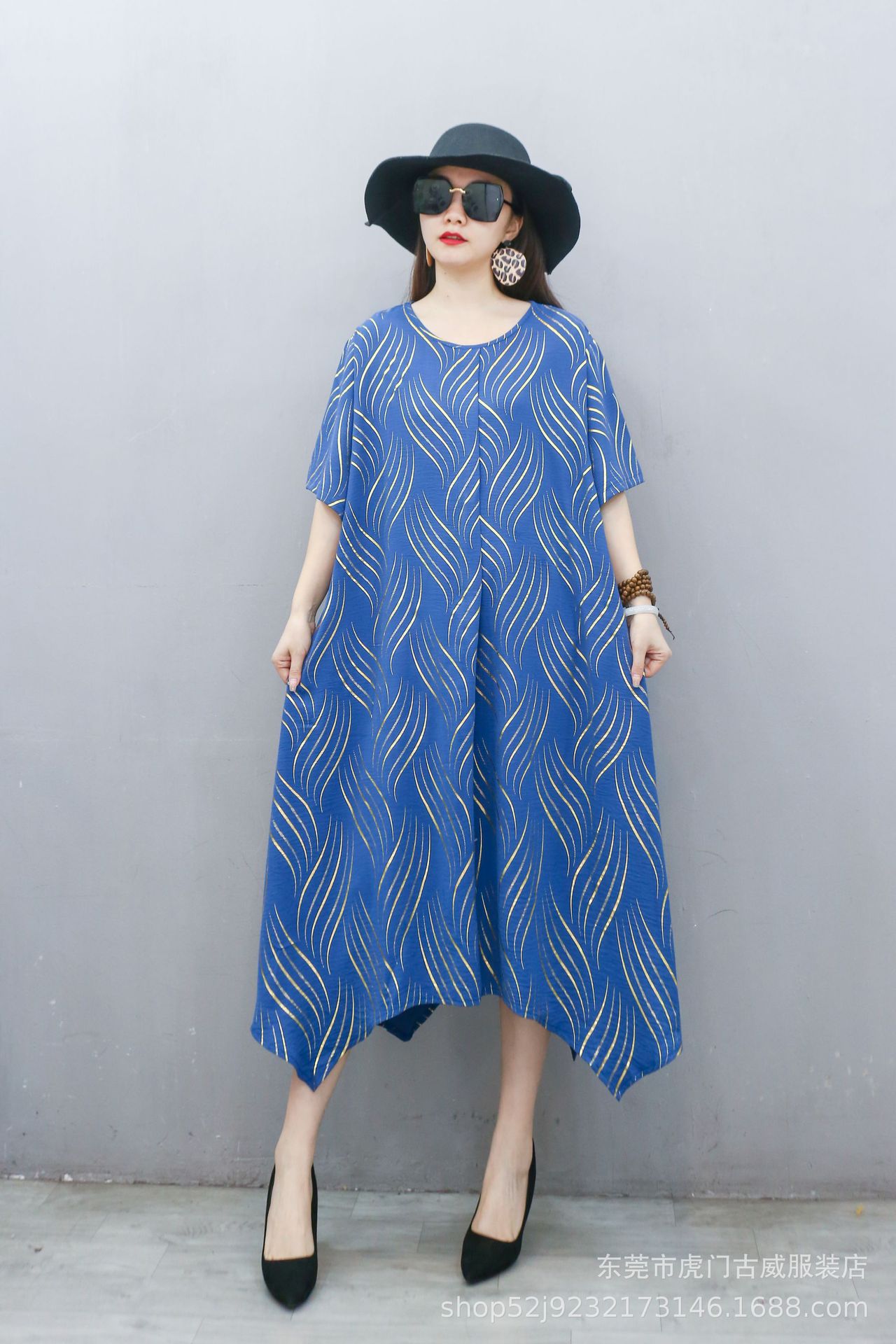 Comercio exterior transfronterizo vestido de gran tamaño suelto literatura de verano vestido irregular cuello redondo mangas cortas vestido de mujer gorda de edad media image 11