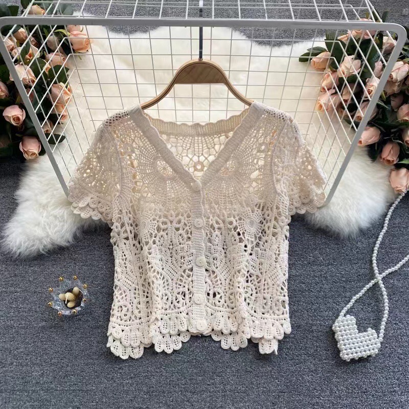 Hong Kong Style Vintage Crochet Hollow Knitted Short-sleeved Top Women's Summer 2022 New Holiday Style All-match Short Cardigan
