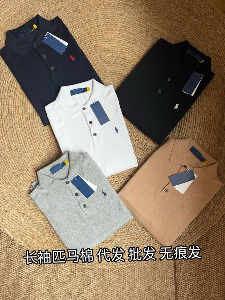 Áo polo nam dài tay cotton thêu hình ngựa nhỏ, cổ bẻ ba cúc, phong cách công sở — Màu kaki, Màu trắng, Màu xanh tím than, màu xám