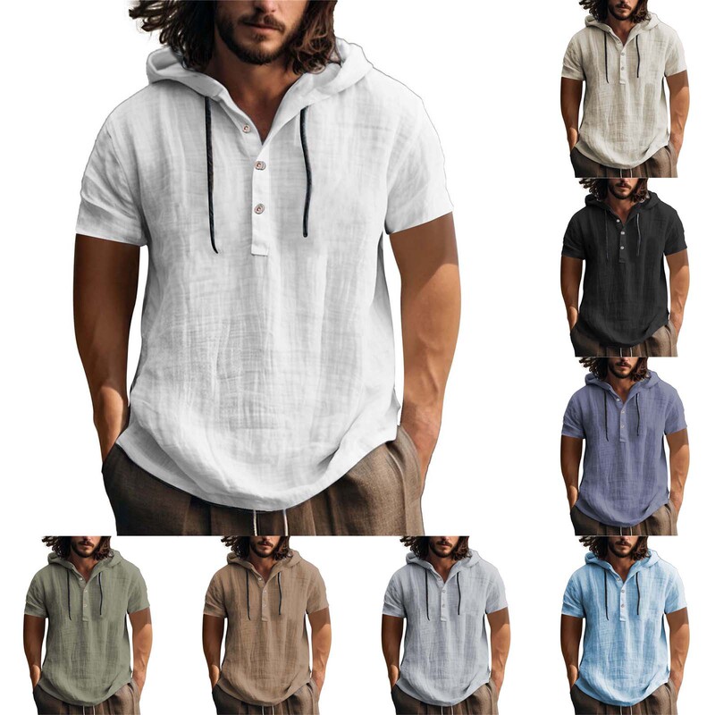 Cross-border 2025 New European and American Cotton and Linen Shirt Hooded Sweatshirt Short-sleeved Hooded Spring and Summer Casual Men's Beach T-shirt