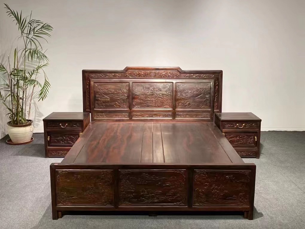 老挝大红酸枝交趾黄檀清式山水图卧室高低床仿古典新中式红木家具
