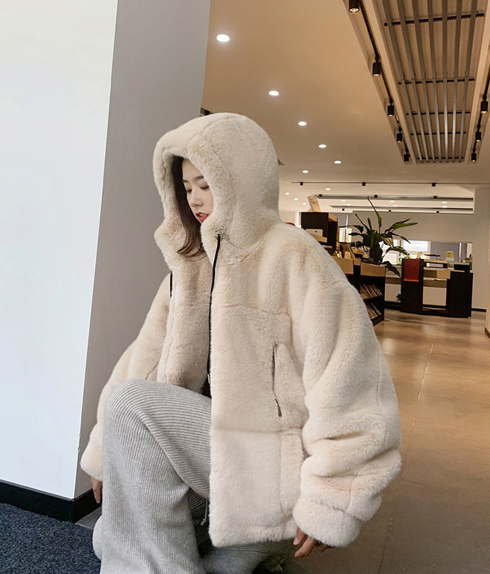 2022 Autumn and Winter New Imitation Fur Coat Women's Imitation Rex Rabbit Fur Hooded Plush Coat Loose Warm