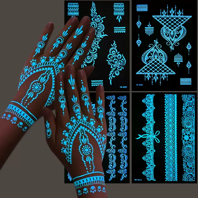 跨境亚马逊夜光纹身贴纸印度汉娜蕾丝纹身贴镂空手部henna tattoo