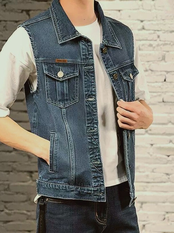 Men's Denim Vest Spring and Autumn Sleeveless Jacket Retro Loose Versatile Vest Workwear Jacket Men's Vest