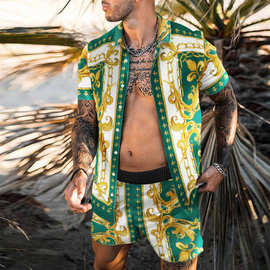 夏季新款外贸批发时尚3D印花男士休闲衬衫+沙滩裤套装大码