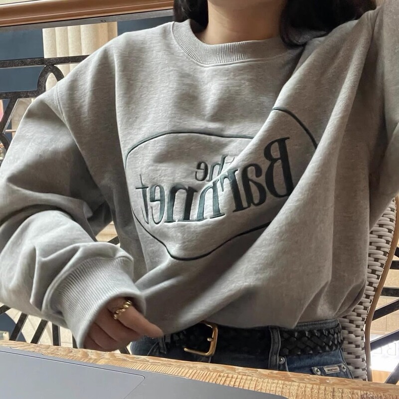 In Stock】Korean Niche Brand Eight-Milk Brand Spring and Autumn Letter Embroidery All-Cotton Pullover Couple Style Casual Round-Neck Sweatshirt for Women