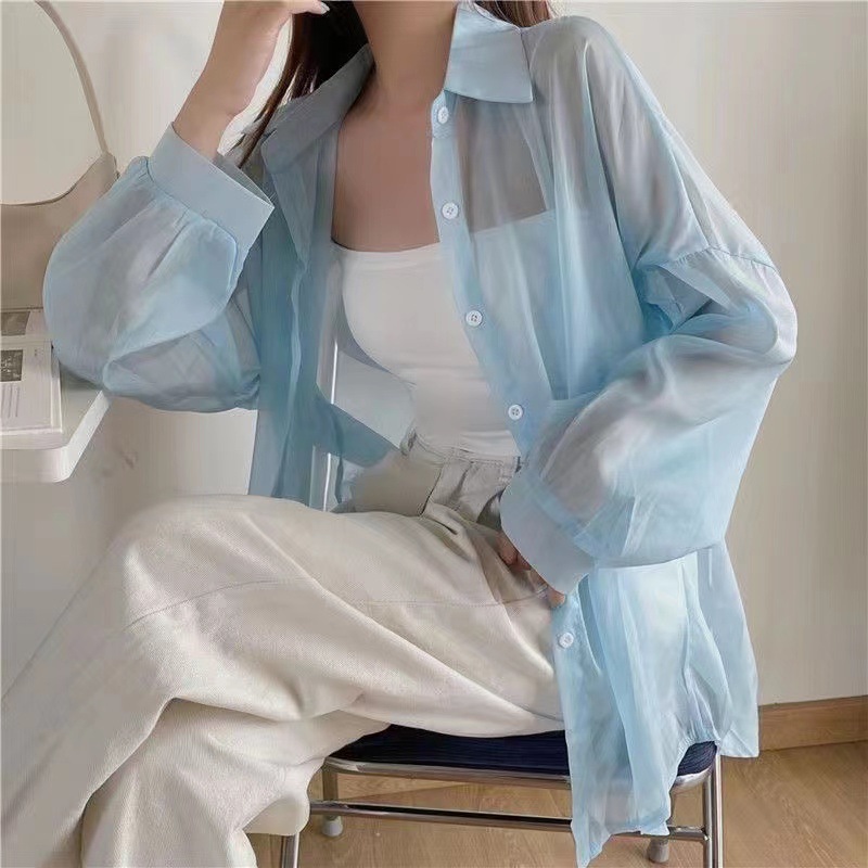 Hilo de perlas de diseño delgado micro-transparente de manga larga abrigo protección solar camisa Alibaba red al por mayor 1688