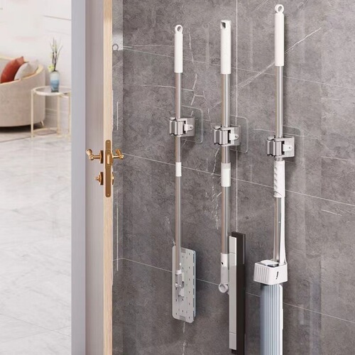 Mop Wall Mount Holder Toilet No Drill Mop Hook Kitchen Bathroom Fixed Powerful Bathroom Storage Rack