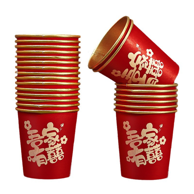 Tazas de papel desechables de boda, copas de oro de lujo, copas de bodas, copas de agua de boda, copas de brindis de boda rojas caseras